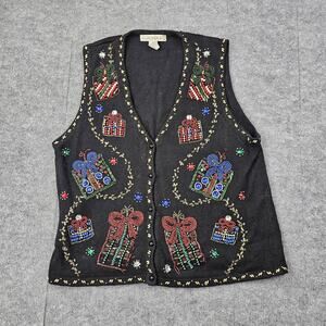 Vintage Claudia D Sweater Vest Womens Large Beaded 90s Presents Novelty Xmas